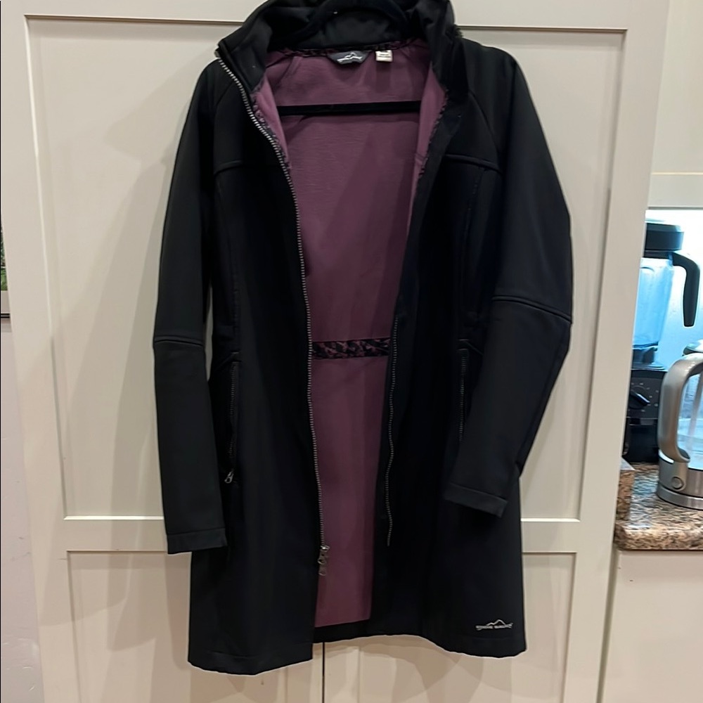 Eddie Bauer Black Hooded Rain Coat; Size XS